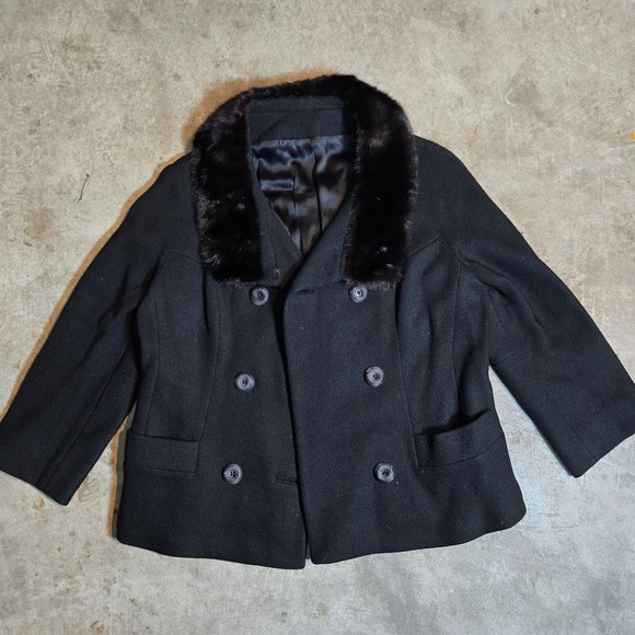 Vintage MCM Wool Coat Fur Collar Double Breasted 1950S Black VTG Womens Medium - Picture 1 of 8